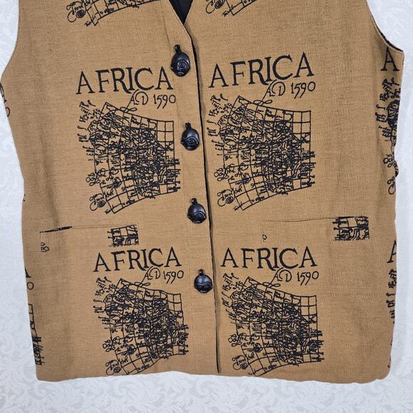 VTG Ashro Africa Map Print Vest sz M Brown Black 100% Cotton Back Adj Belt - Picture 3 of 15